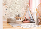 Cute Hand Drawing Safari Animals Wallpaper, Monochrome Animals Kids Wall Mural, Nursery Cartoon Animals Wallpaper, Peel and Stick, Removable