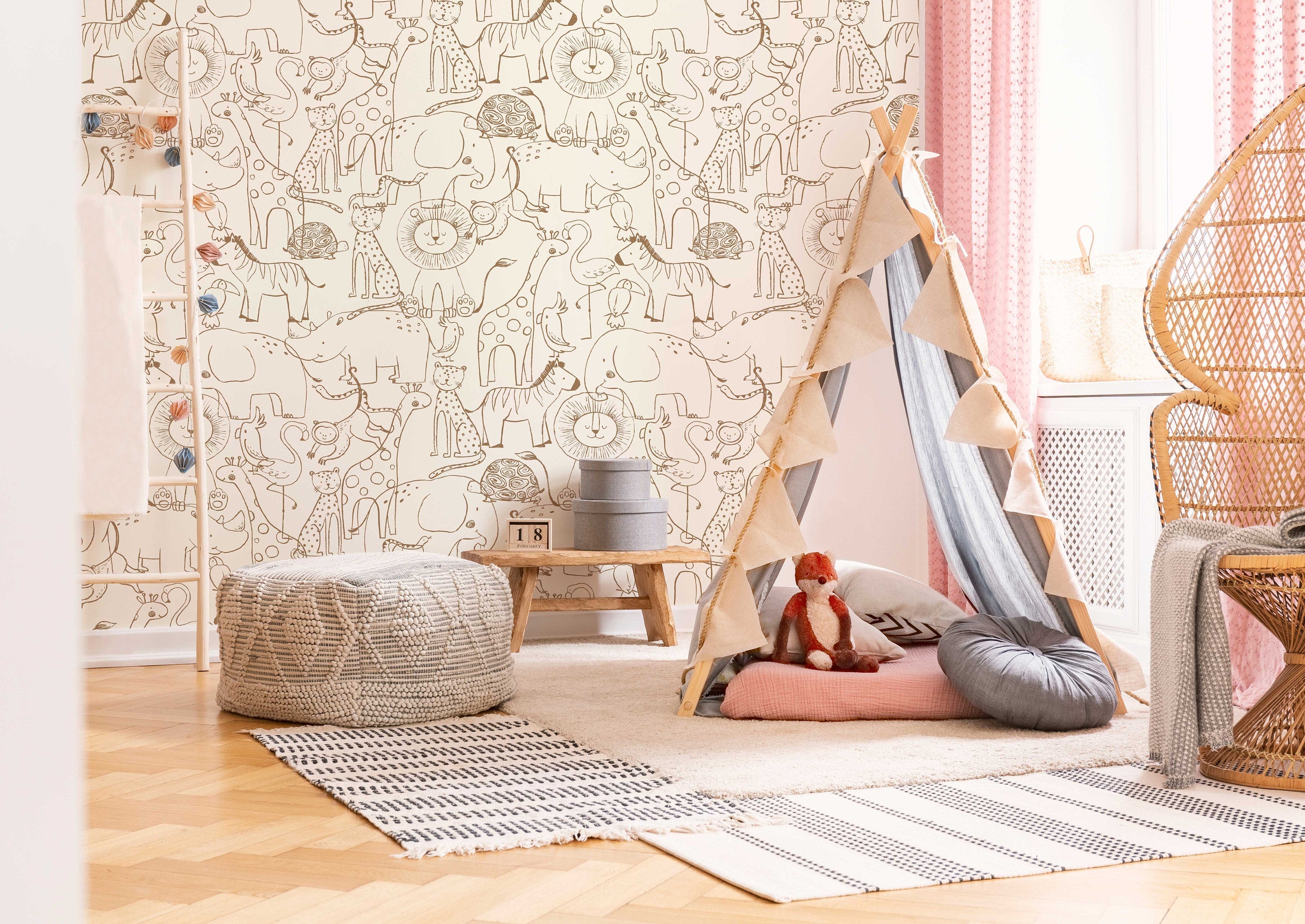 Cute Hand Drawing Safari Animals Wallpaper, Monochrome Animals Kids Wall Mural, Nursery Cartoon Animals Wallpaper, Peel and Stick, Removable