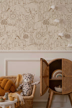 Cute Hand Drawing Safari Animals Wallpaper, Monochrome Animals Kids Wall Mural, Nursery Cartoon Animals Wallpaper, Peel and Stick, Removable