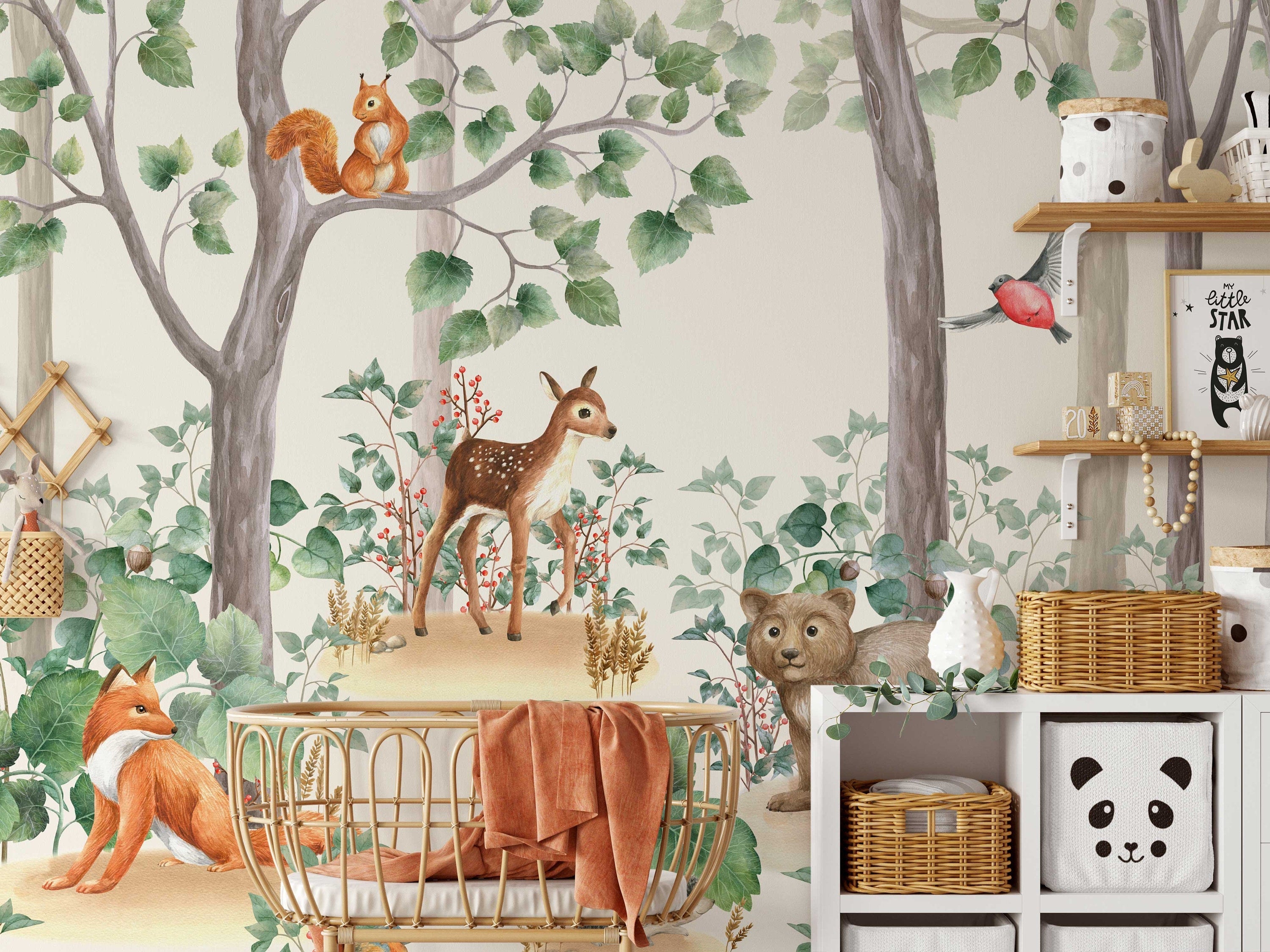 Kids Wallpaper Peel and Stick | Kids Watercolor Forest Wall Mural