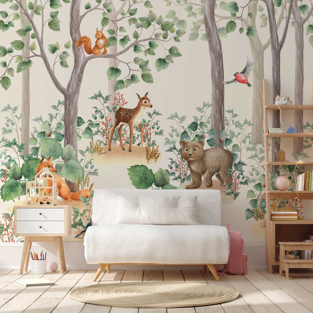 Kids Wallpaper Peel and Stick | Kids Watercolor Forest Wall Mural
