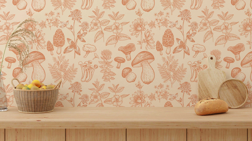 Mushroom Wallpaper | Orange Wallpaper | Mid Century Modern Wallpaper | Kids Mushroom Peel and Stick Wallpaper | Vintage Wallpaper