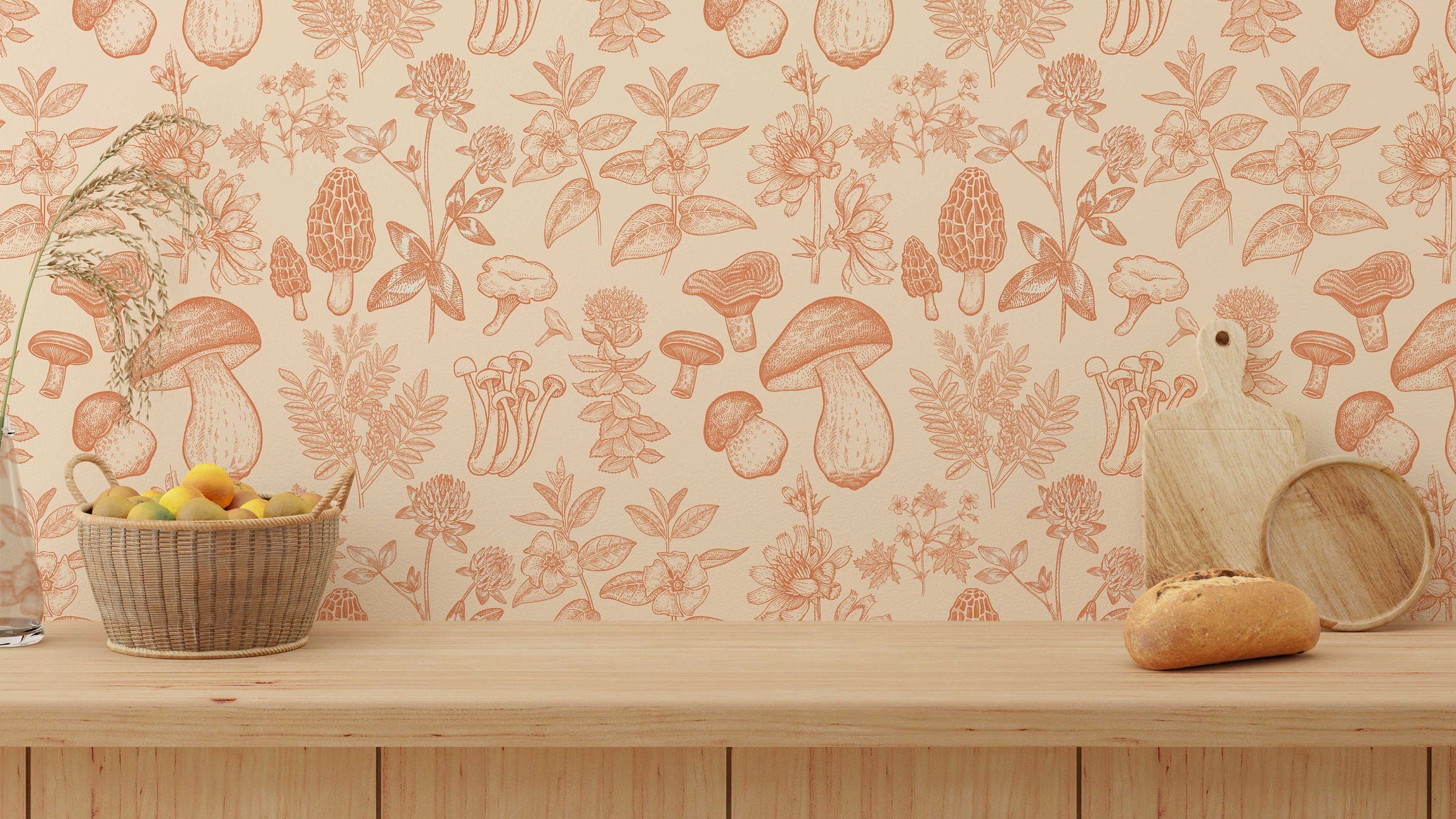 Mushroom Wallpaper | Orange Wallpaper | Mid Century Modern Wallpaper | Kids Mushroom Peel and Stick Wallpaper | Vintage Wallpaper