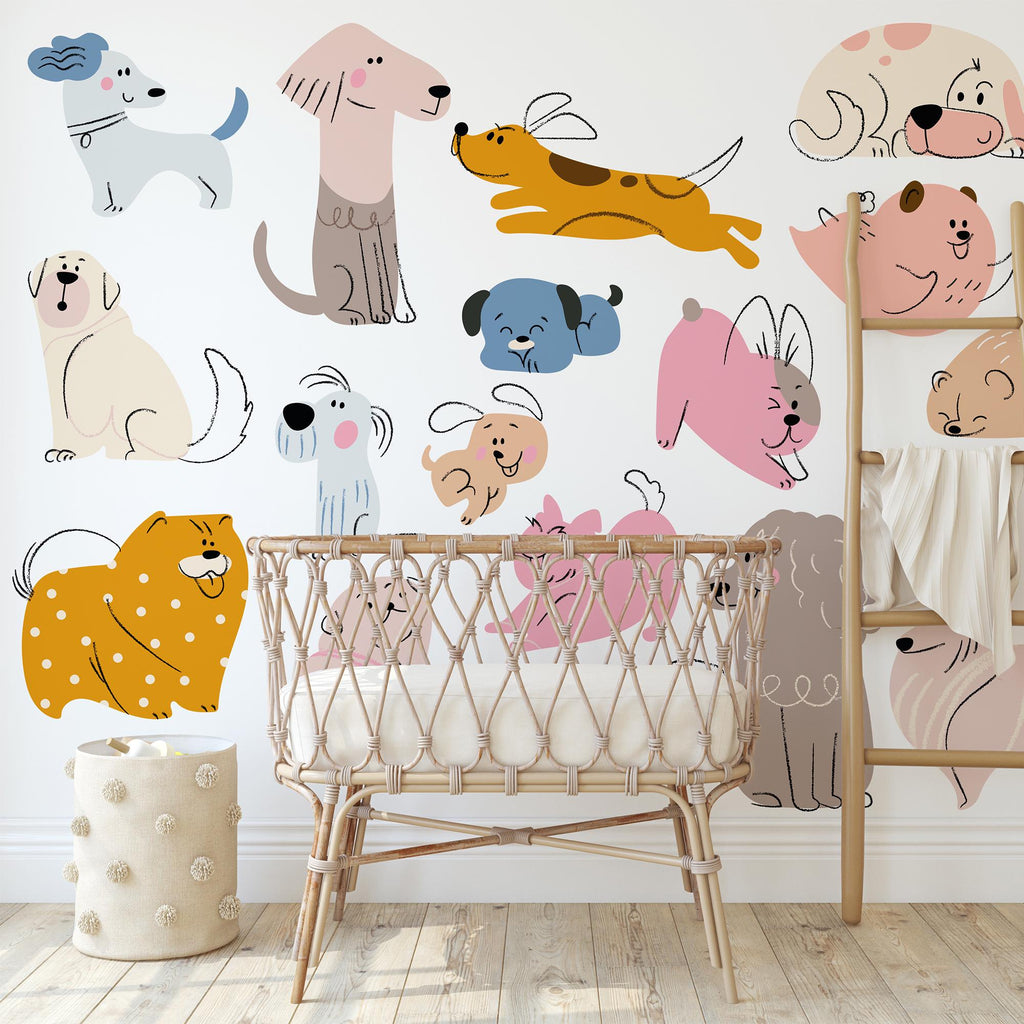 Hand Drawn Puppy Wall Decals: Baby Room Decor, Set of 16