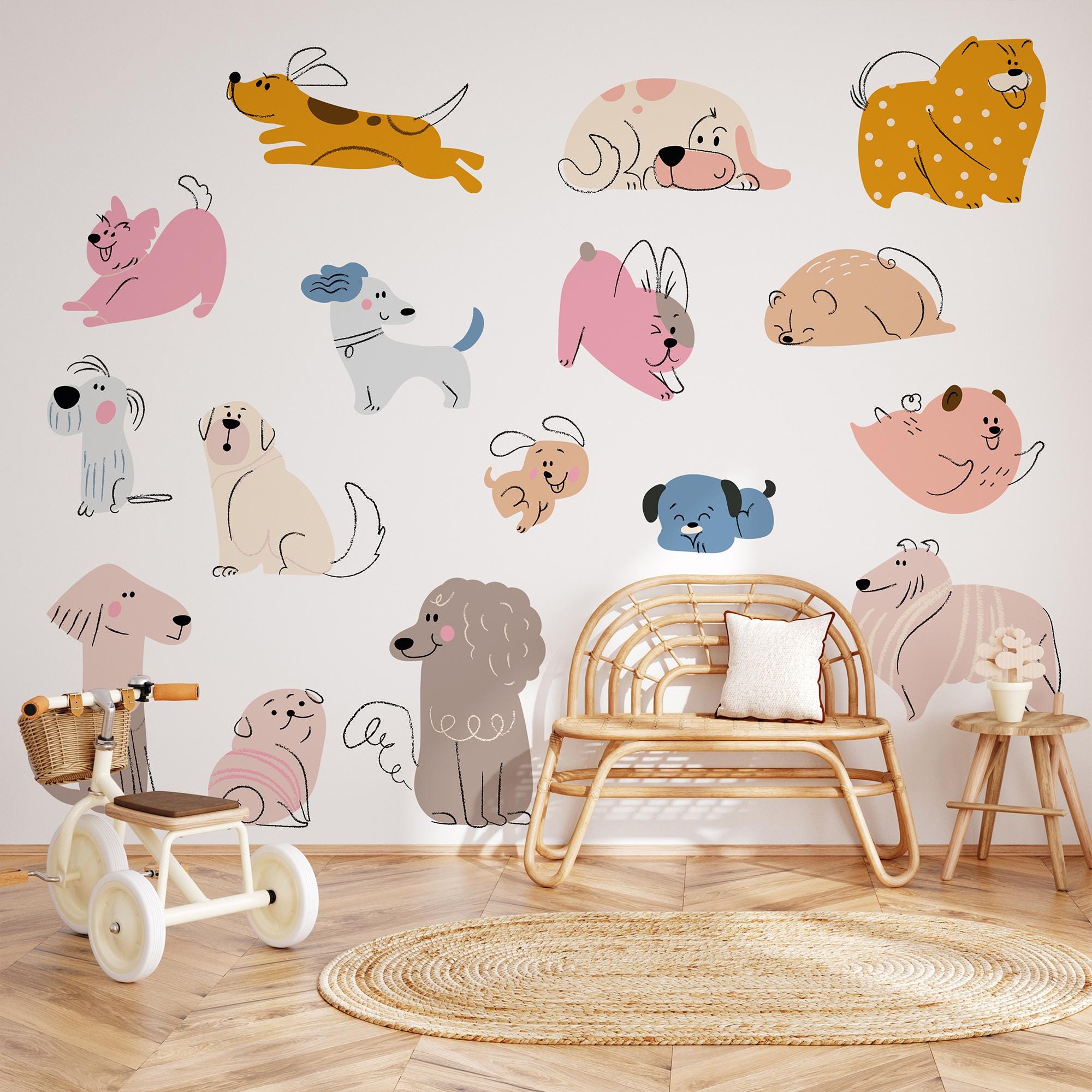 Hand Drawn Puppy Wall Decals: Baby Room Decor, Set of 16