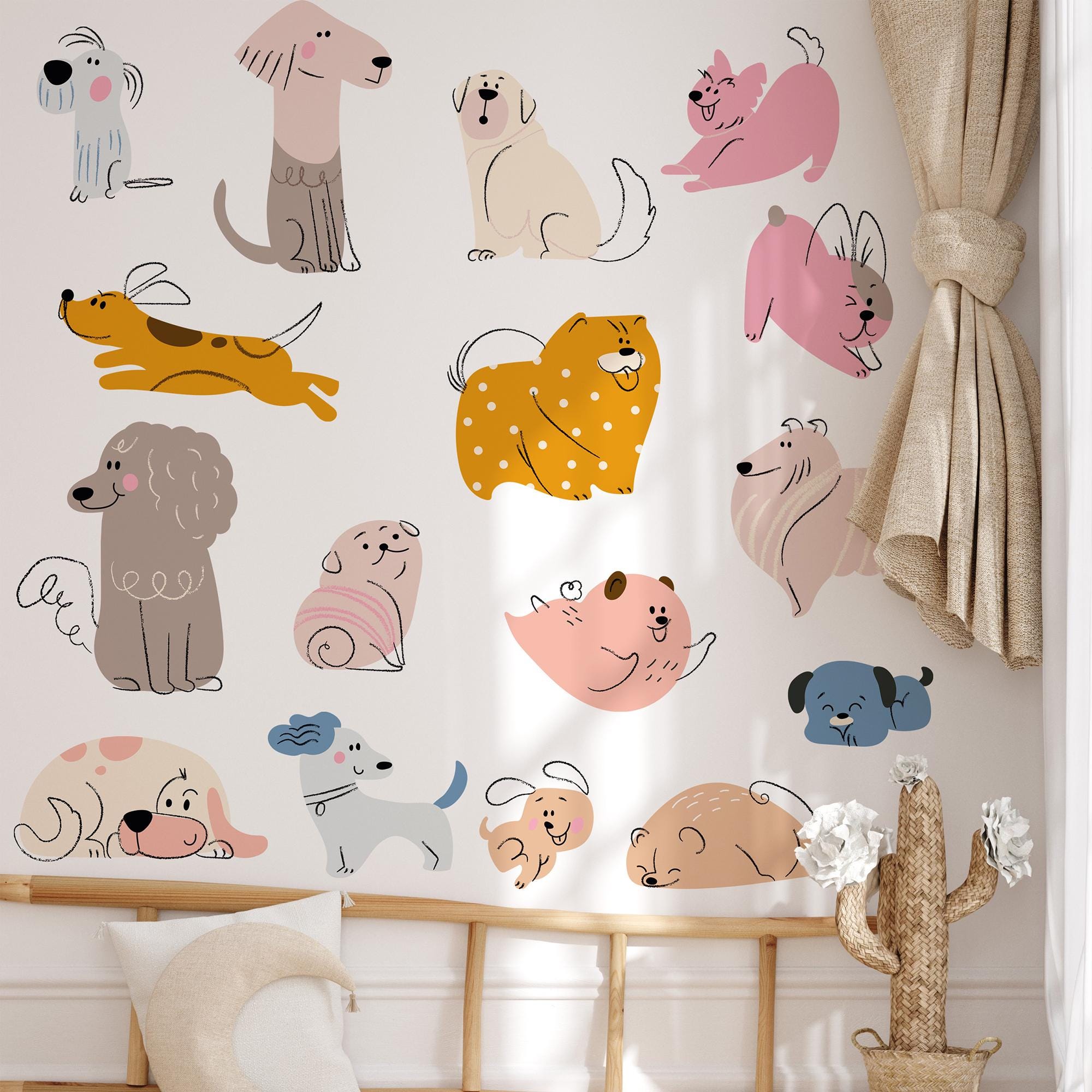 Hand Drawn Puppy Wall Decals: Baby Room Decor, Set of 16