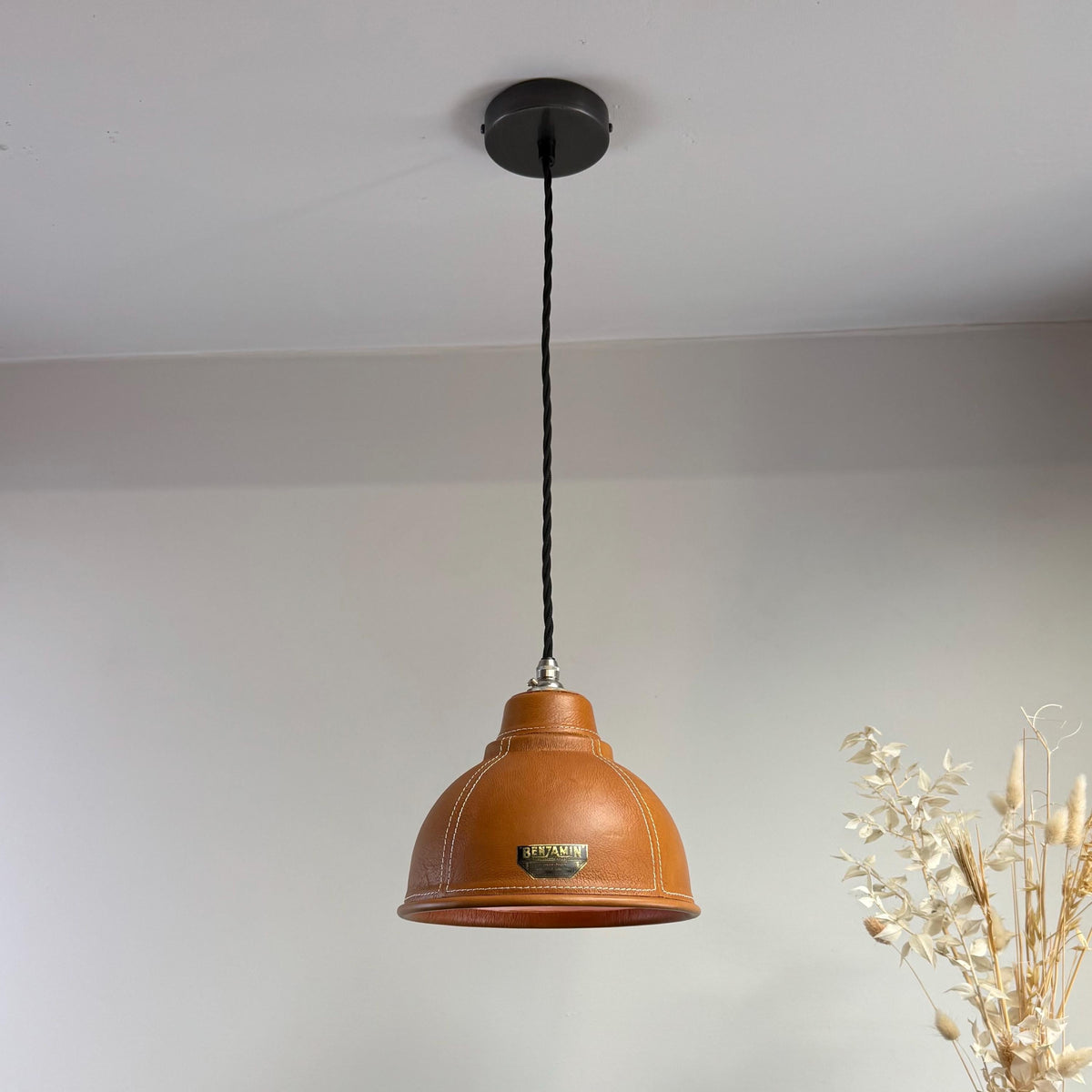 Trimingham ~ Real Genuine Leather Hand Stitched Solid Lampshade Pendant Set Light ~ 8.5 Inch