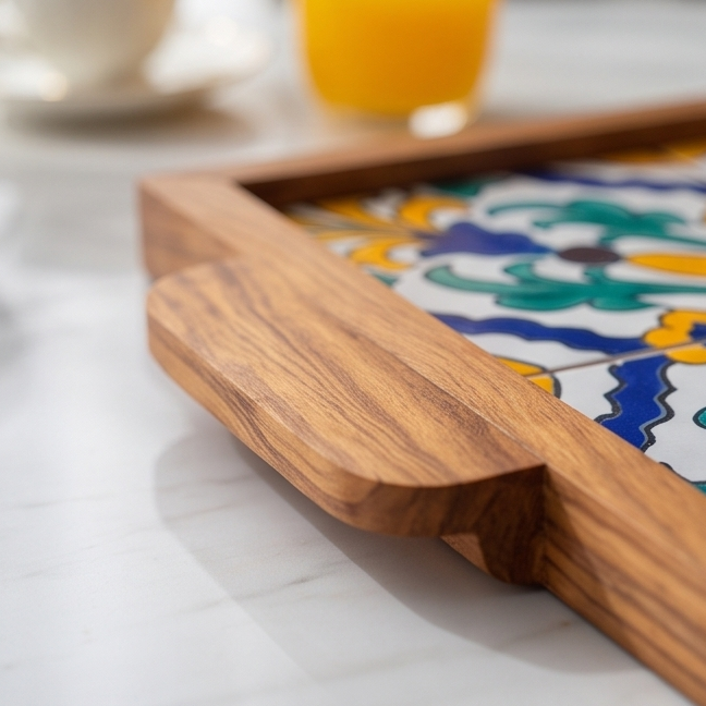 Olive Wood Square Olive Wood Ceramic Tray with Handle 20cm * 20cm