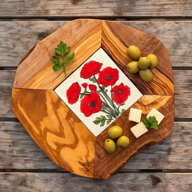Rustic Olive Wood Ceramic Restaurant Serving Tray