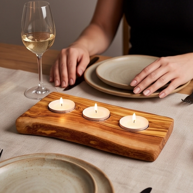 Olive Wood Flat Wooden Tealight Candle Holder | Various Sizes