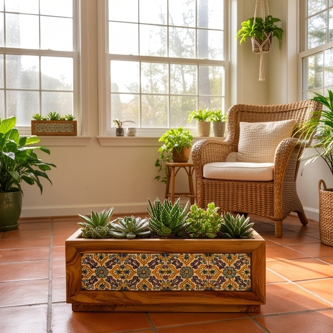 Olive Wood Handmade Wooden Planter with Tiles/Indoor and Outdoor Flower Box/Home and Garden