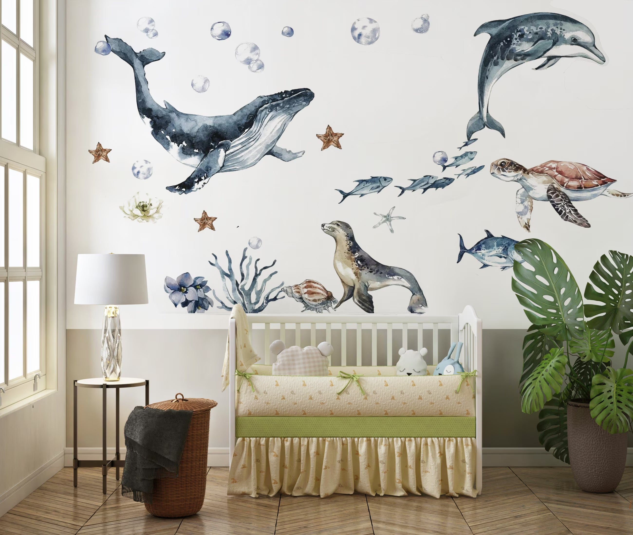 Ocean Animals Wall Decal for Kids and Nursery, Sticker Set, Dolphin, Turtle, Whale, Fishes, Seal, Corals, Watercolour, OCEAN Life