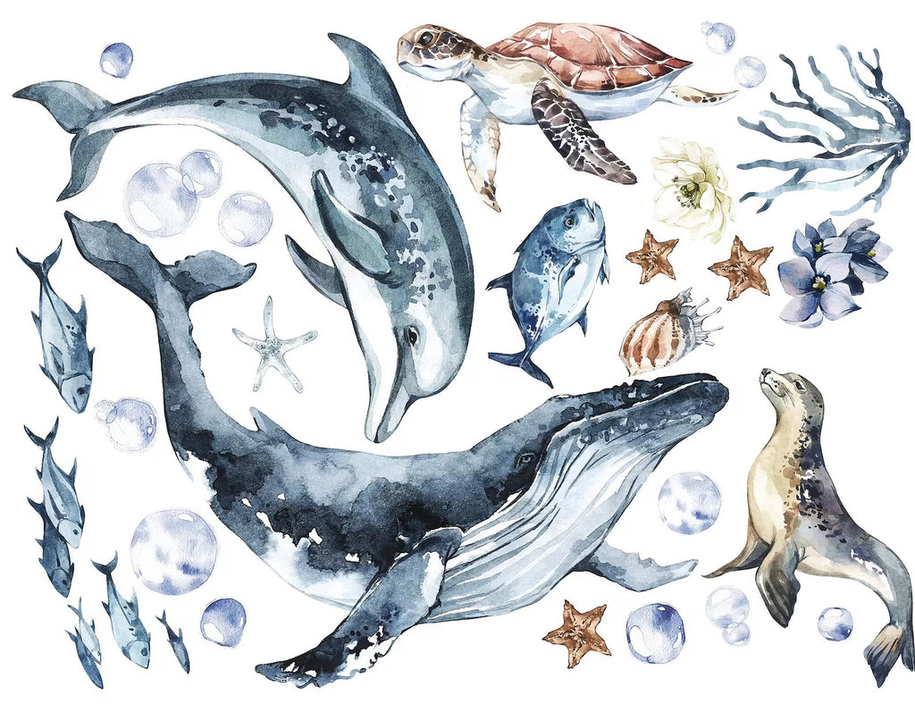 Ocean Animals Wall Decal for Kids and Nursery, Sticker Set, Dolphin, Turtle, Whale, Fishes, Seal, Corals, Watercolour, OCEAN Life