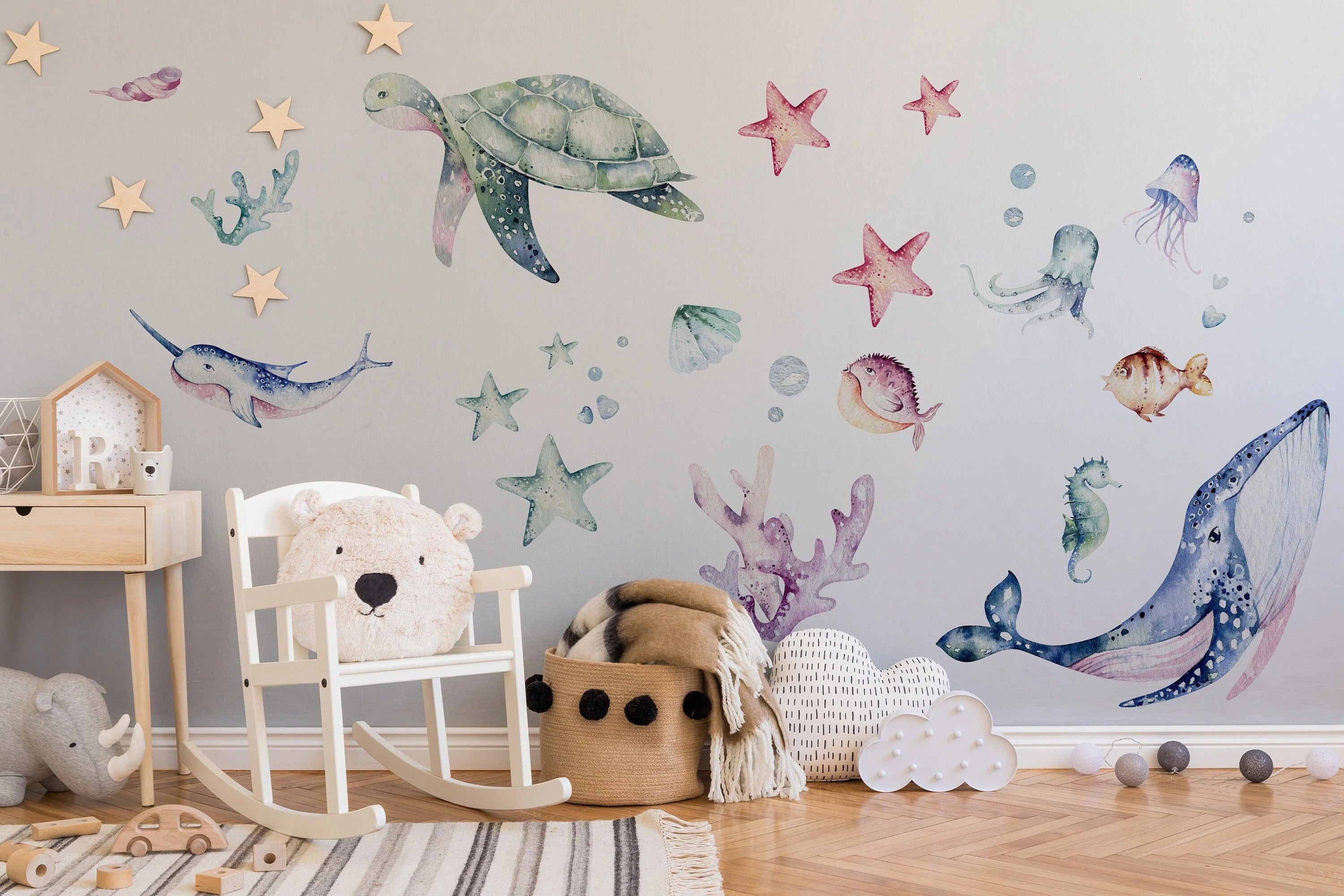Ocean Wall Decal - Watercolour Sea Life Stickers - Colourful Ocean Theme