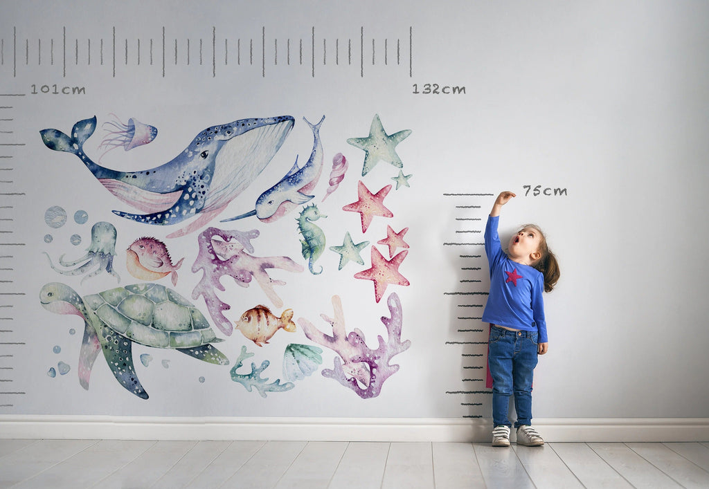 Ocean Wall Decal - Watercolour Sea Life Stickers - Colourful Ocean Theme