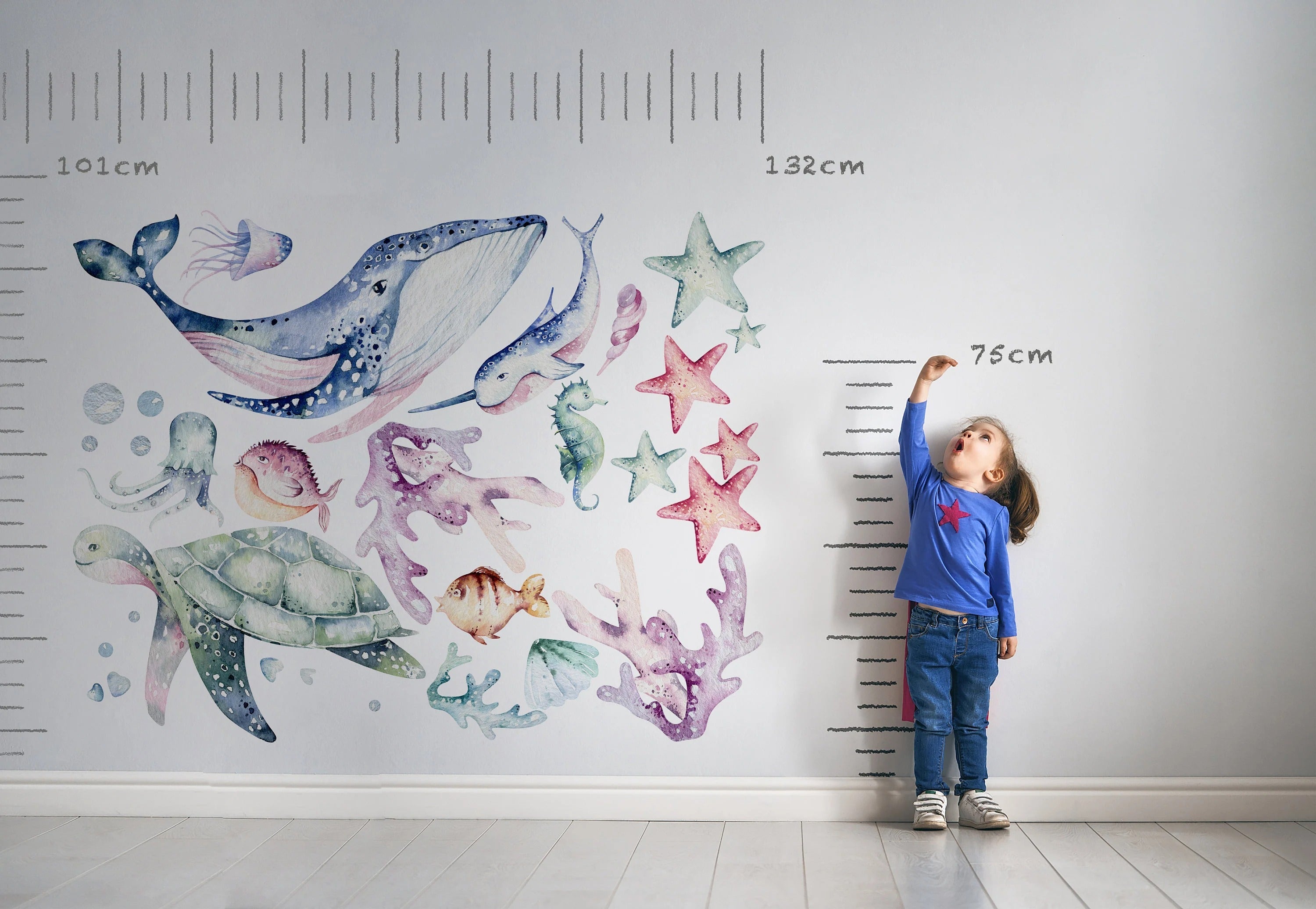 Ocean Wall Decal - Watercolour Sea Life Stickers - Colourful Ocean Theme