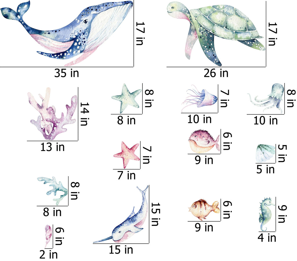 Ocean Wall Decal - Watercolour Sea Life Stickers - Colourful Ocean Theme