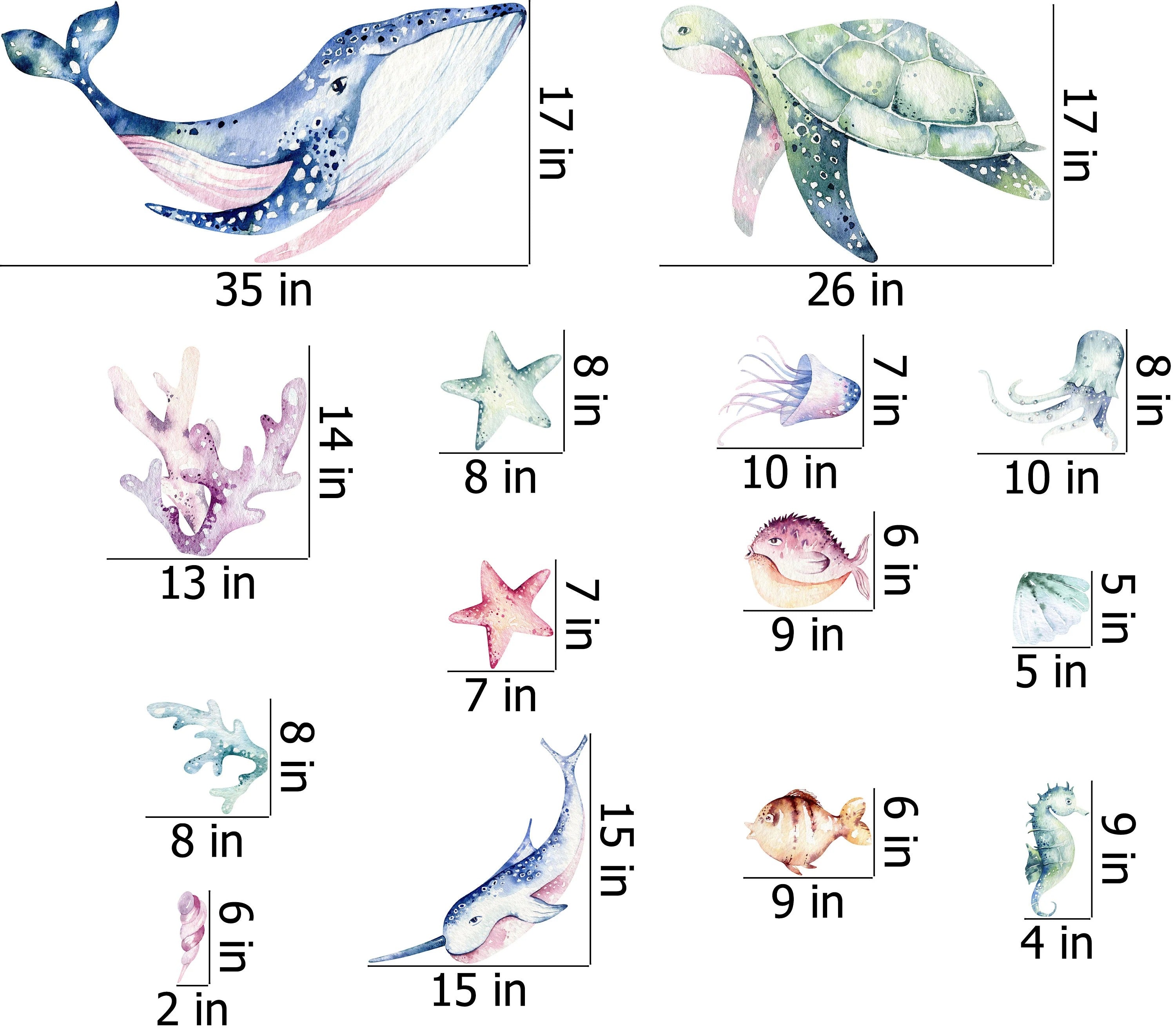 Ocean Wall Decal - Watercolour Sea Life Stickers - Colourful Ocean Theme