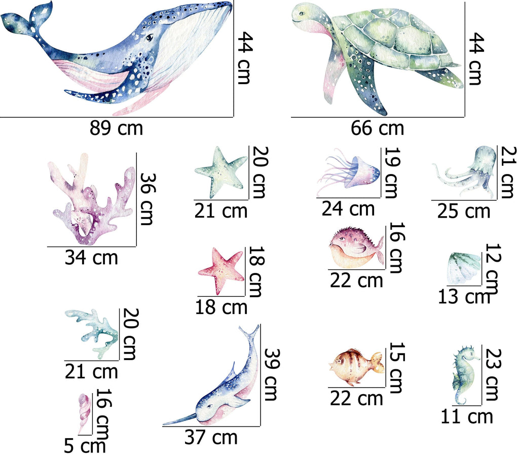 Ocean Wall Decal - Watercolour Sea Life Stickers - Colourful Ocean Theme