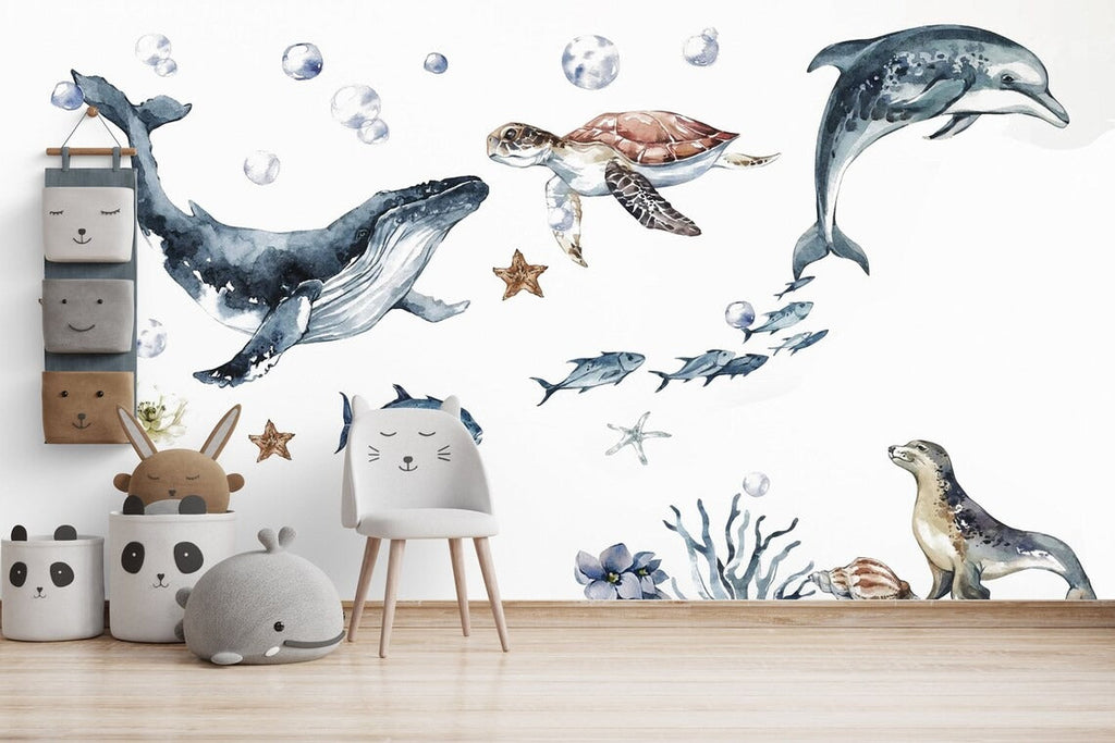 Ocean Animals Wall Decal for Kids and Nursery, Sticker Set, Dolphin, Turtle, Whale, Fishes, Seal, Corals, Watercolour, OCEAN Life