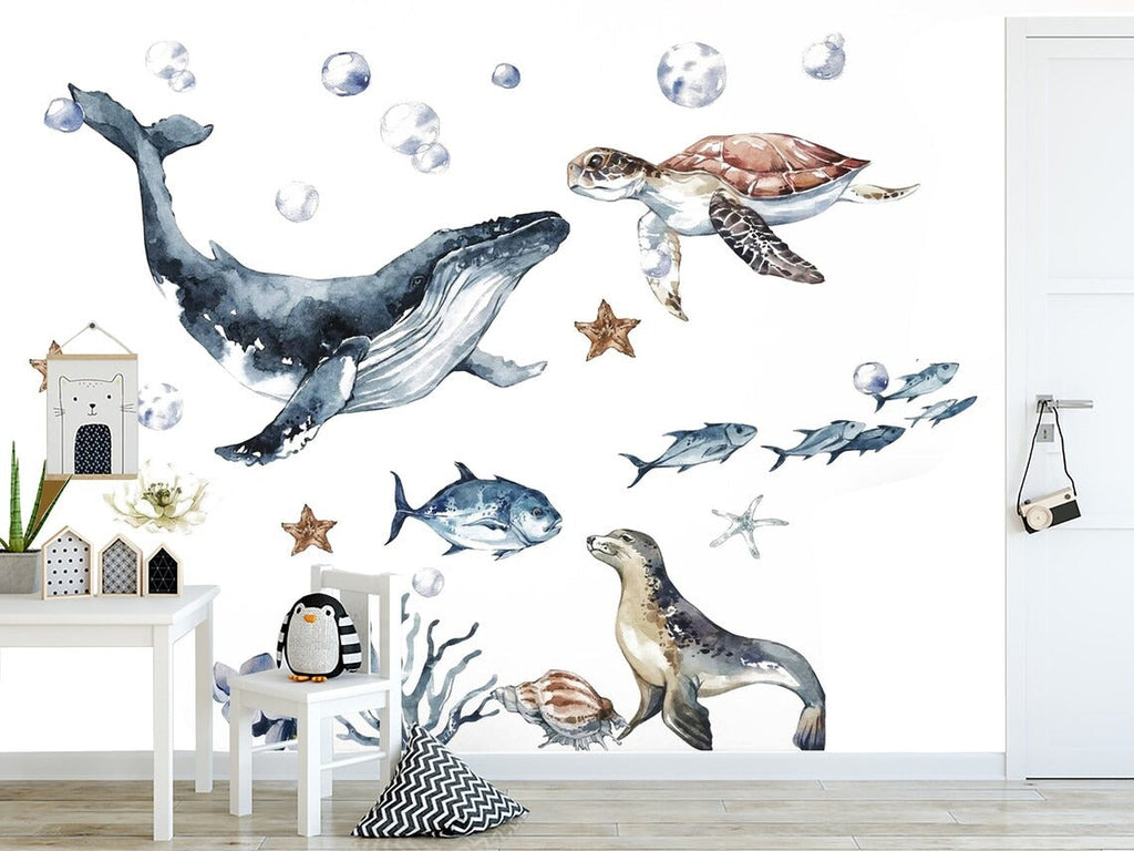 Ocean Animals Wall Decal for Kids and Nursery, Sticker Set, Dolphin, Turtle, Whale, Fishes, Seal, Corals, Watercolour, OCEAN Life