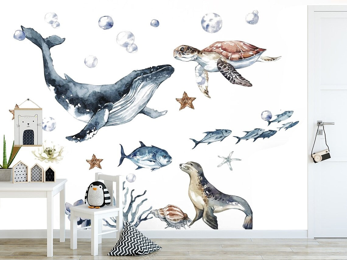 Ocean Animals Wall Decal for Kids and Nursery, Sticker Set, Dolphin, Turtle, Whale, Fishes, Seal, Corals, Watercolour, OCEAN Life