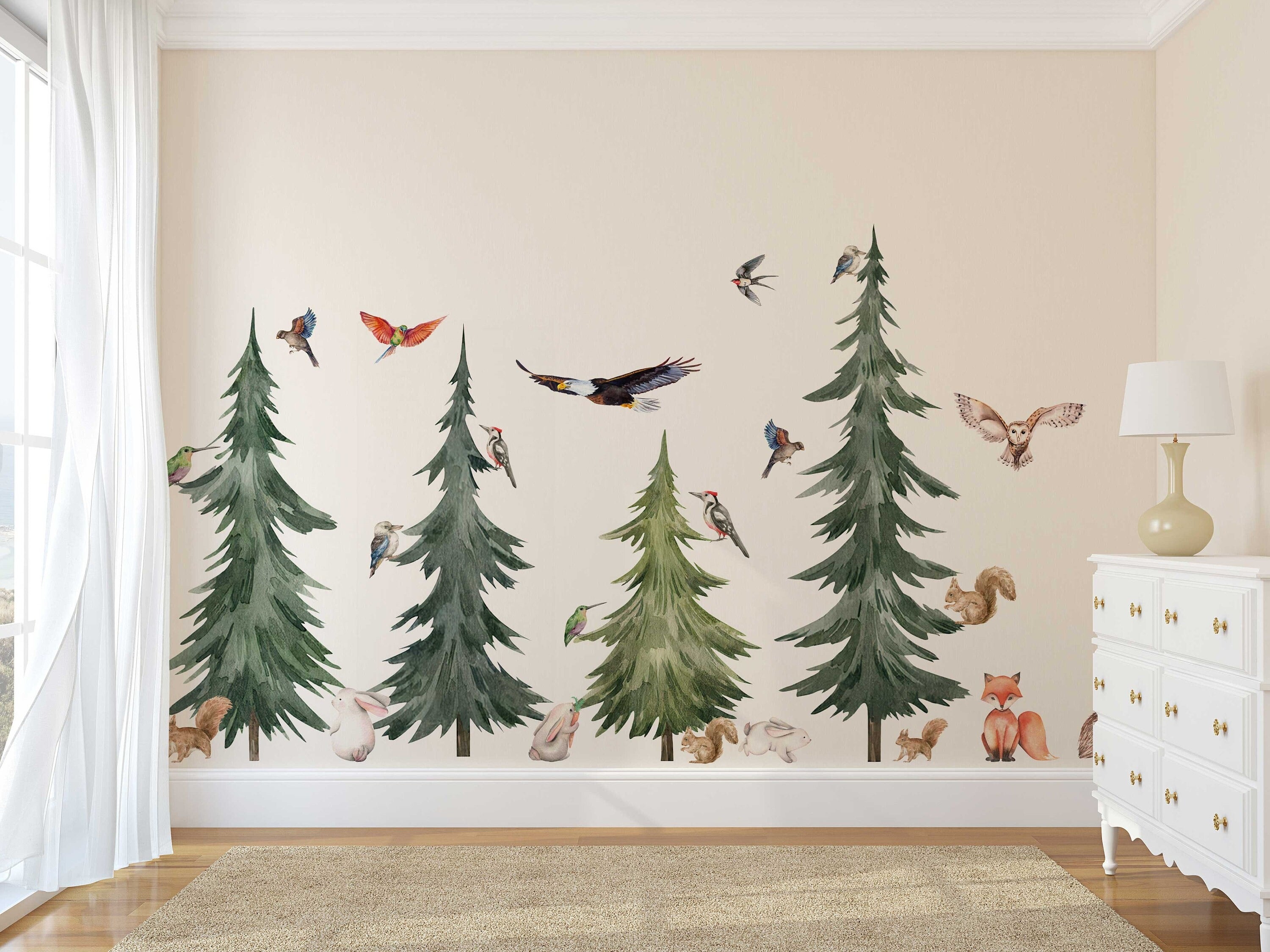 Large Forest Tree Wall Decal - Watercolour Wall Sticker, Nursery Mural, Forest Wall Decal, Peel and Stick Tree Decal