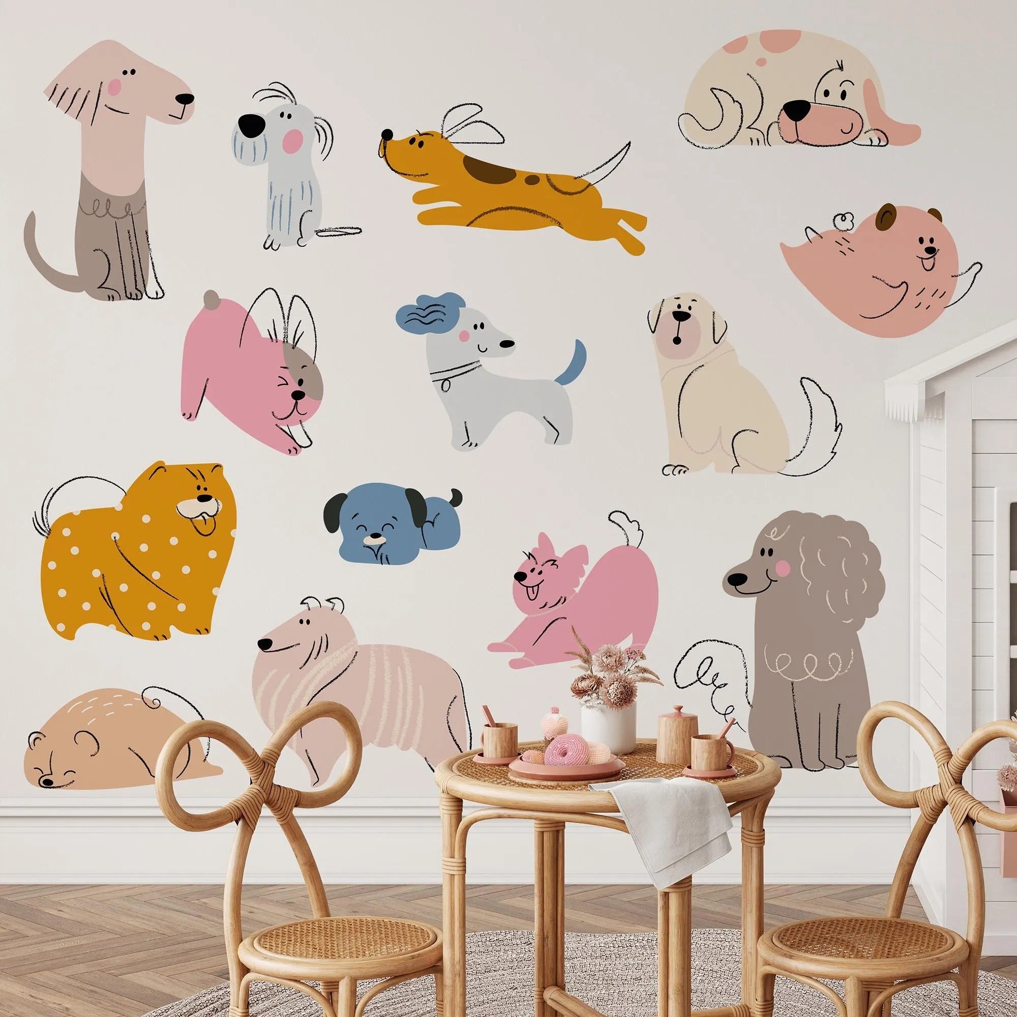 Hand Drawn Dogs Nursery Wall Decals - Cute Puppy Wall Stickers for Baby Room Décor & Kids Bedroom Art