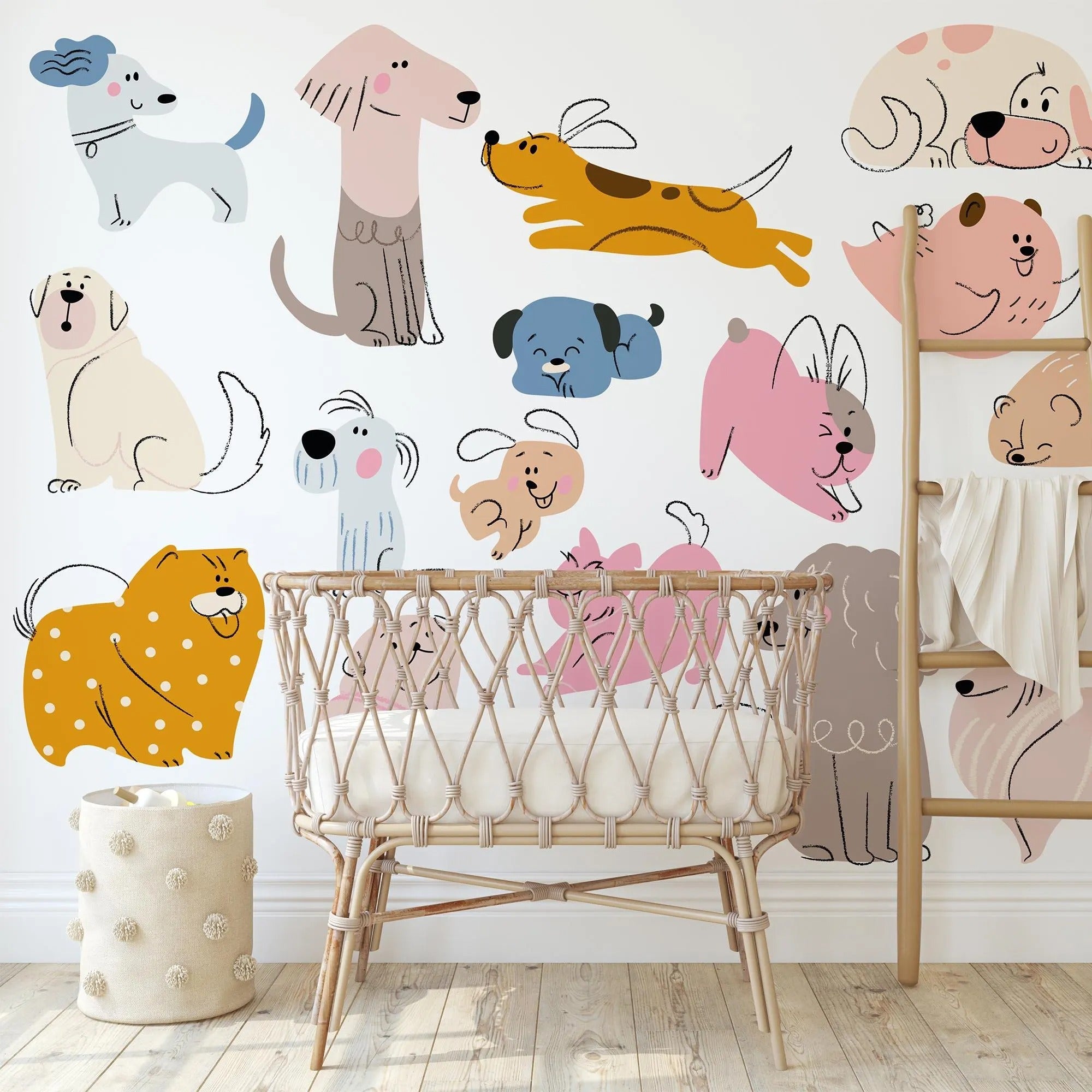 Hand Drawn Dogs Nursery Wall Decals - Cute Puppy Wall Stickers for Baby Room Décor & Kids Bedroom Art