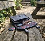 Floral Lined Leather Midi Satchel - Navy