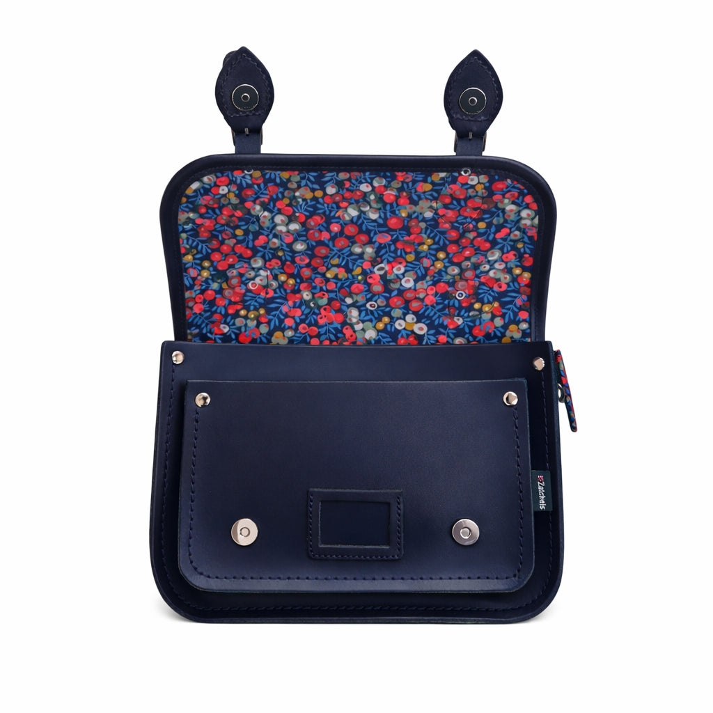 Floral Lined Leather Midi Satchel - Navy