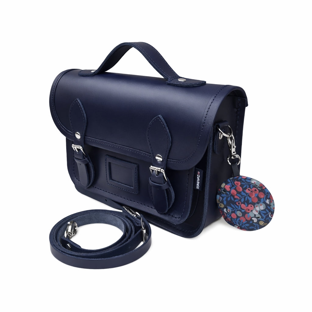 Floral Lined Leather Midi Satchel - Navy