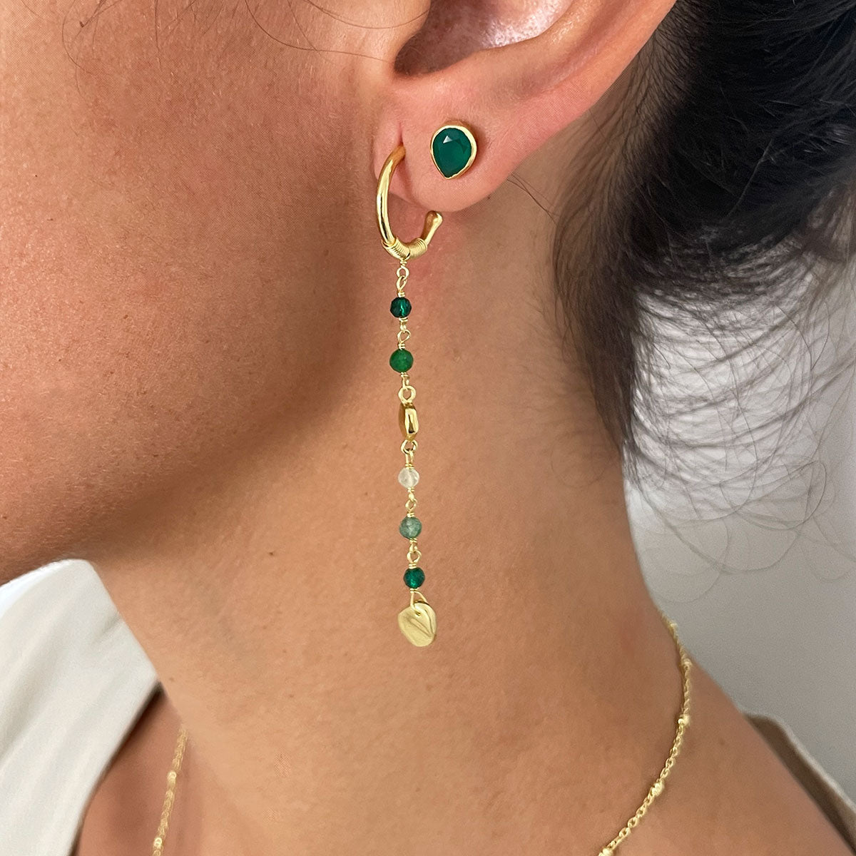 Sofia Small Hoop Nugget Earrings  Labradorite, Black Onyx & Smoky Quartz