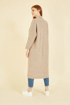 Yumi Oatmeal Knitted Maxi Cardigan With Pockets