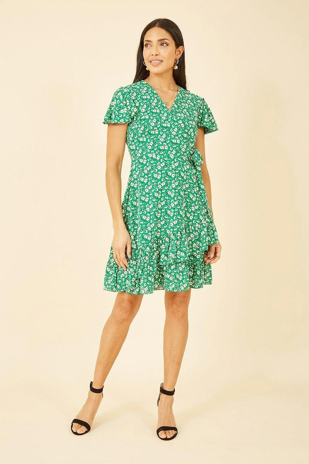 Mela Green Ditsy Floral Wrap Frill Dress