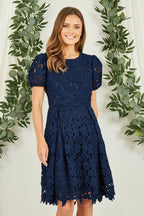 Yumi Navy Lace Skater Dress With Puff Sleeves