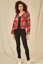 Yumi Red Animal Print Reversible Cotton Cropped Quilted Jacket