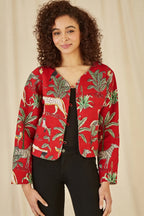 Yumi Red Animal Print Reversible Cotton Cropped Quilted Jacket