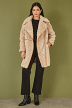 Yumi Brown Textured Borg Long Line Biker Coat