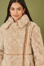 Yumi Brown Textured Borg Long Line Biker Coat