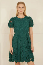 Yumi Green Lace Skater Dress With Puff Sleeves