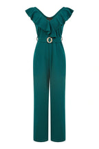 Yumi Green Jumpsuit With Gold Buckle and Frill Detail