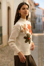 Yumi Ivory Knitted High Neck Jumper With Applique Flowers