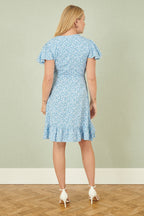Yumi Blue Ditsy Floral Wrap Frill Dress