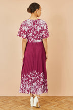 Yumi Burgundy Mirror Floral Design Pleated Midi Dress