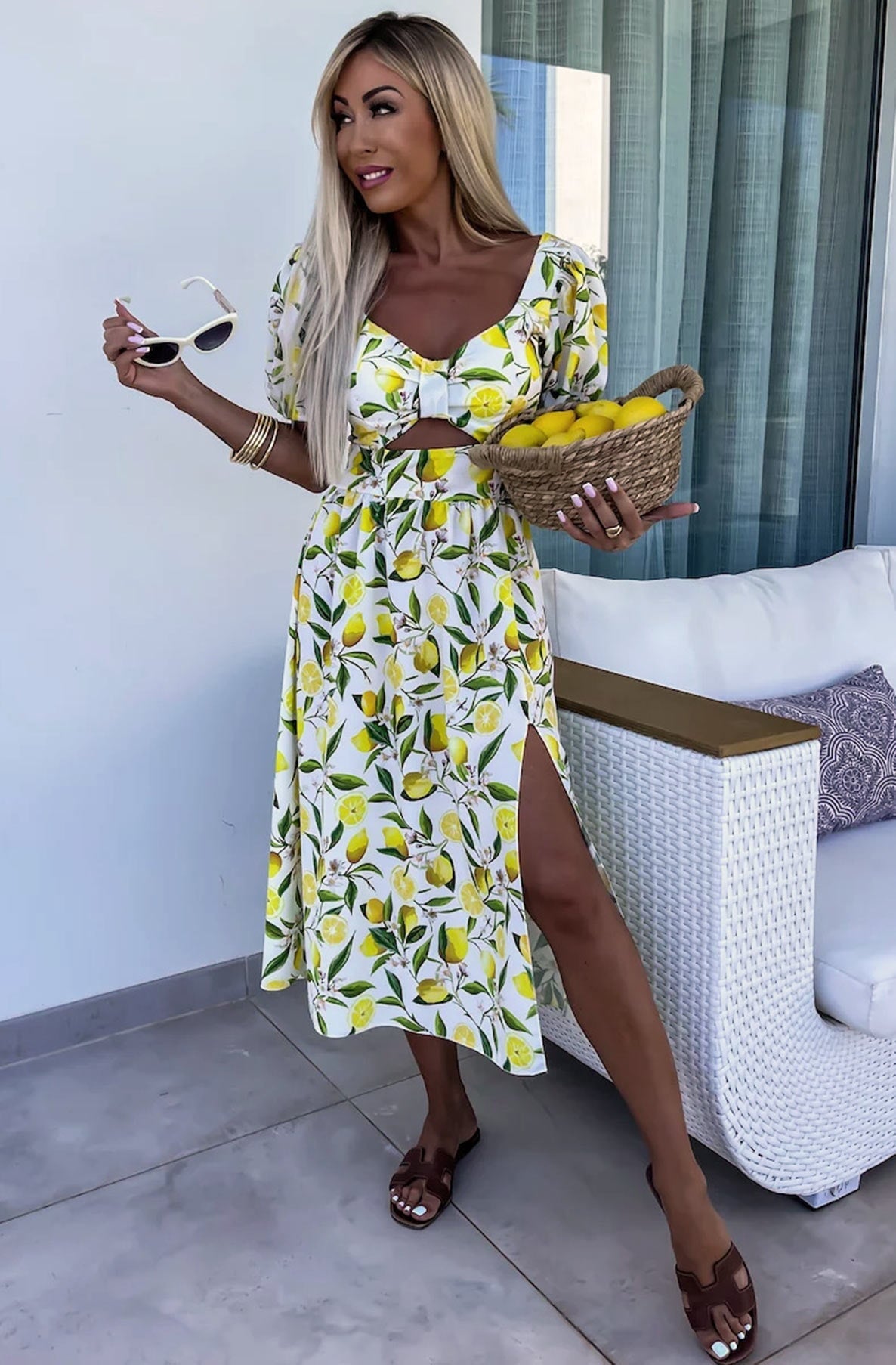 MARIKA 'LEMON' PRINTED CUT-OUT MIDAXI DRESS-IVORY