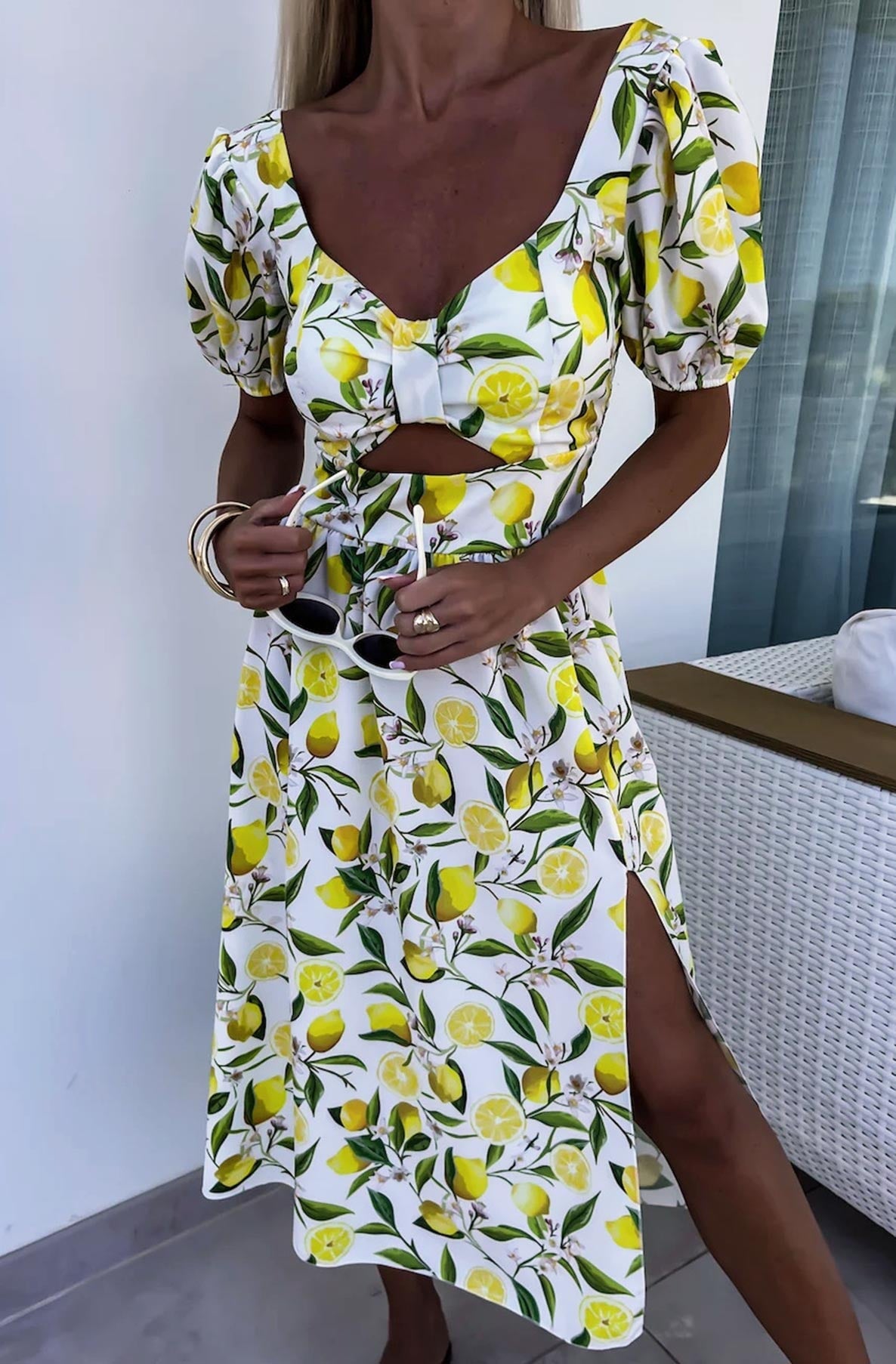 MARIKA 'LEMON' PRINTED CUT-OUT MIDAXI DRESS-IVORY