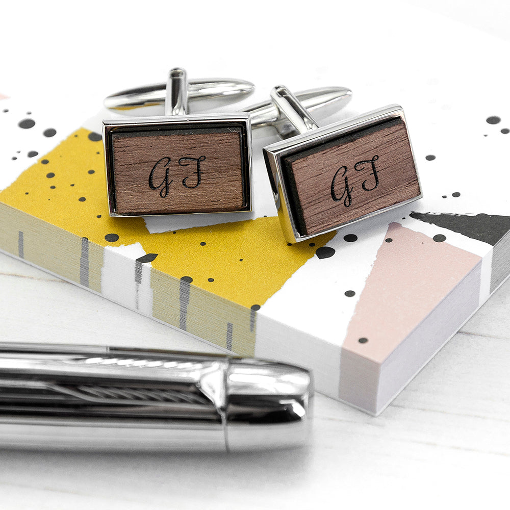 Monogrammed Rectangle Walnut Cufflinks