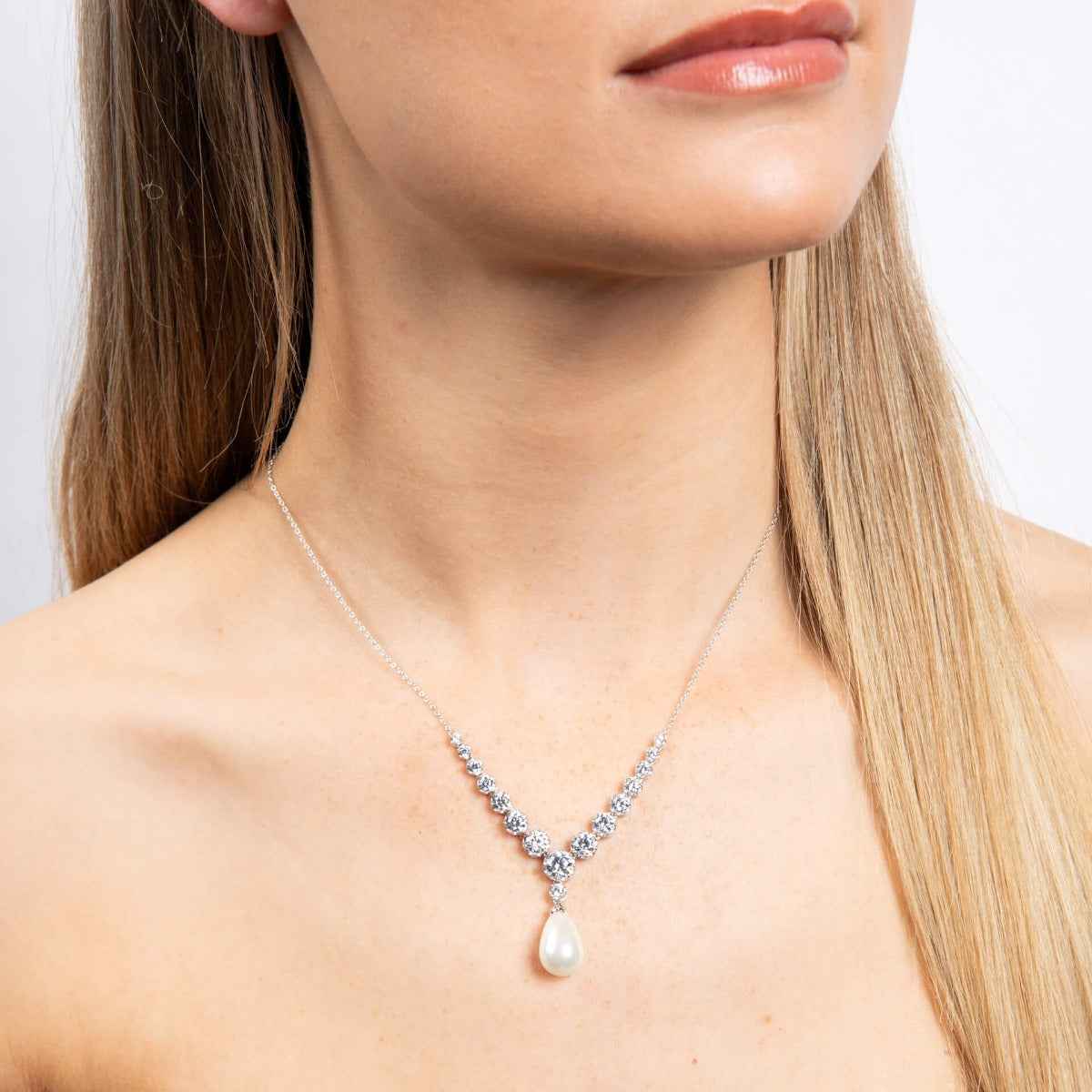 Diamonfire Statement Zirconia Lined Necklace with Shell Pearl Drop