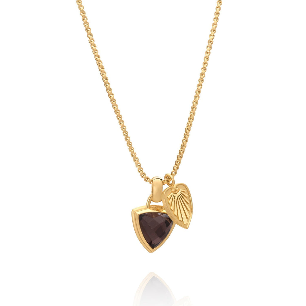 Trillion Doublet Pendant Necklace with Palm Leaf: Pyrite with Rhodolite Quartz